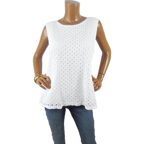 Talbots Tops - TALBOTS Top 2X White Stretch Cotton Shirt Lined Embroidery Sleeveless